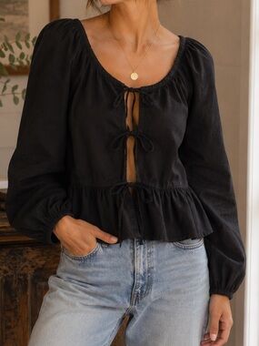 Sim & Sam Romantic Black Tie-Front Peplum Blouse Puff Sleeves Goth Minimalist
